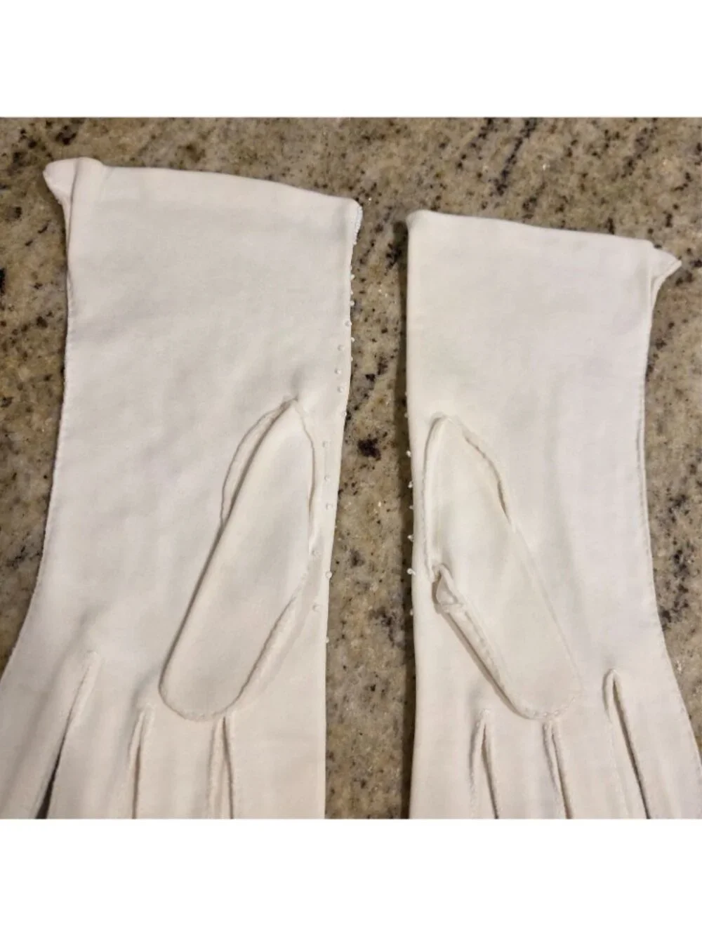 Vintage Womens Size L Off-White Cotton Stretch Formal Gloves Beaded Scallop...